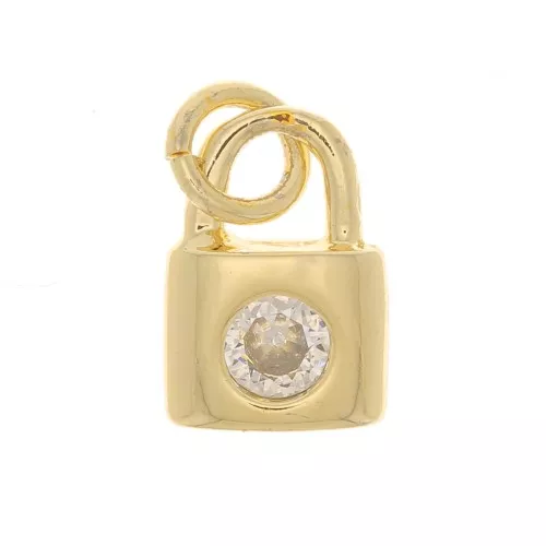 8x6mm Padlock charm with zirconium oxide - Gold Tone - Crystal x1