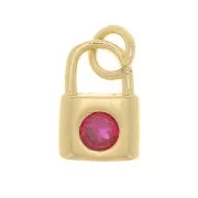 8x6mm Padlock charm with zirconium oxide - Gold Tone - Fuchsia x1