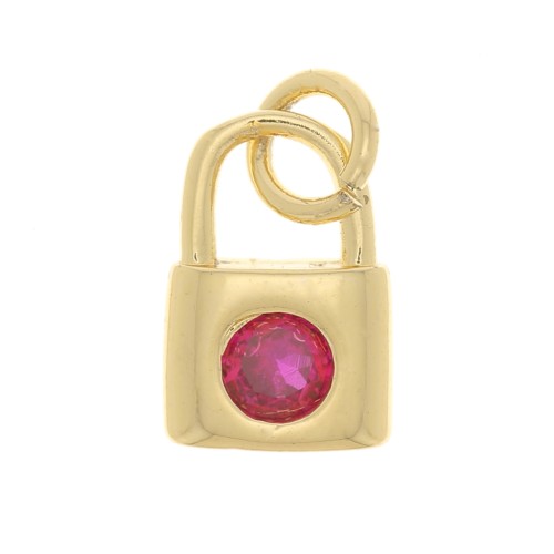 8x6mm Padlock charm with zirconium oxide - Gold Tone - Fuchsia x1