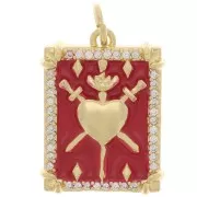 20x15mm Heart-shaped pendant with epoxy resin and zirconium oxide - Gold Tone - Red x1