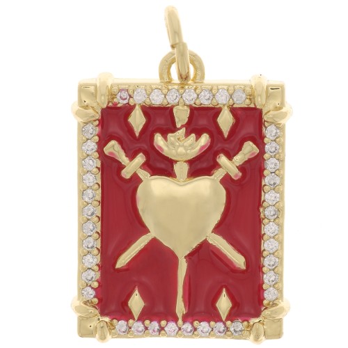 20x15mm Heart-shaped pendant with epoxy resin and zirconium oxide - Gold Tone - Red x1