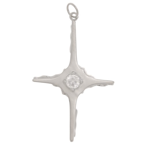 40x25mm Cross pendant with one zirconium oxide - Rhodium Tone - Crystal x1