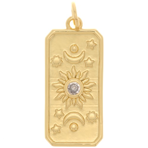 23x10mm Flat Pendant sun and moon pattern with a  zirconium oxide - Gold Tone - Crystal x1