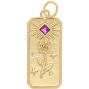 23x10mm Flat Pendant rose and sun pattern with  zirconium oxide  - Gold Tone - Fuchsia x1|raw }}