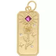 23x10mm Flat Pendant rose and sun pattern with  zirconium oxide  - Gold Tone - Fuchsia x1