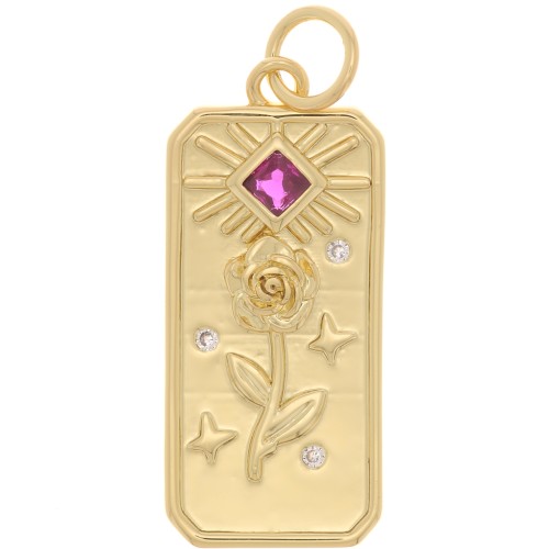 23x10mm Flat Pendant rose and sun pattern with  zirconium oxide  - Gold Tone - Fuchsia x1