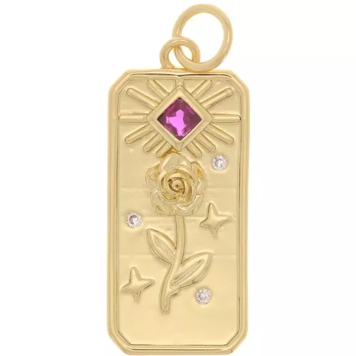 23x10mm Flat Pendant rose and sun pattern with zirconium oxide - Gold Tone - Fuchsia x1