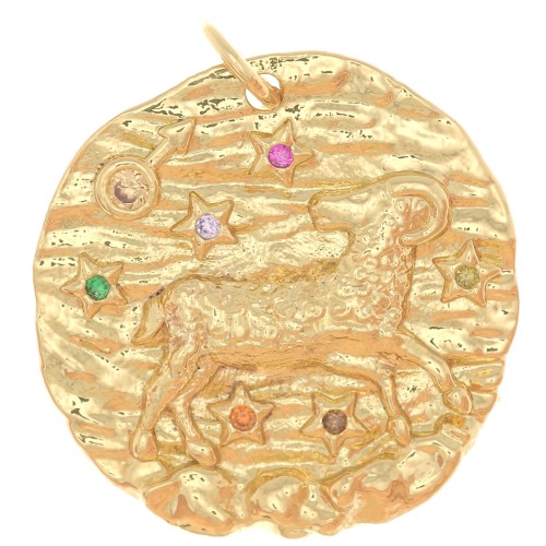 21mm Round irregular pendant with zirconium oxide - zodiac sign Aries - Gold Tone x1