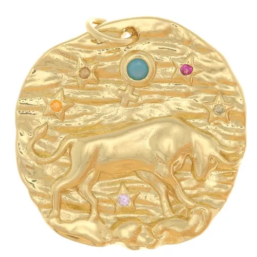 21mm Round irregular pendant with zirconium oxide - zodiac sign Taurus - Gold Tone x1
