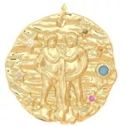 21.5mm Round irregular pendant with zirconium oxide - Gemini zodiac sign - Gold Tone x1