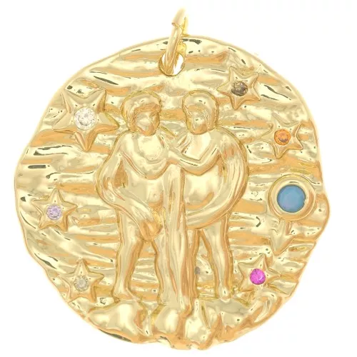 21.5mm Round irregular pendant with zirconium oxide - Gemini zodiac sign - Gold Tone x1