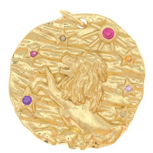 21mm Round irregular pendant with  zirconium oxide  - zodiac sign Leo - Gold Tone x1