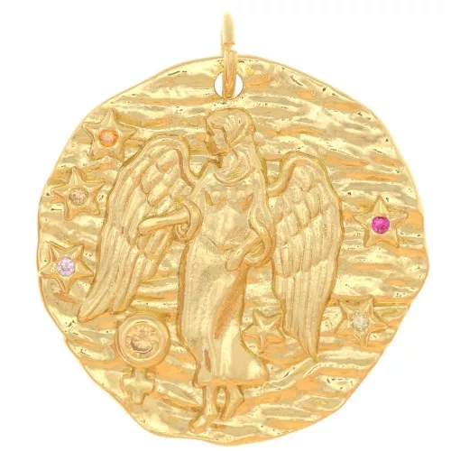 22mm Round irregular pendant with zirconium oxide - zodiac sign Virgo - Gold Tone x1