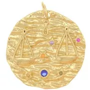 21mm Round irregular pendant with  zirconium oxide  - zodiac sign Libra - Gold Tone x1