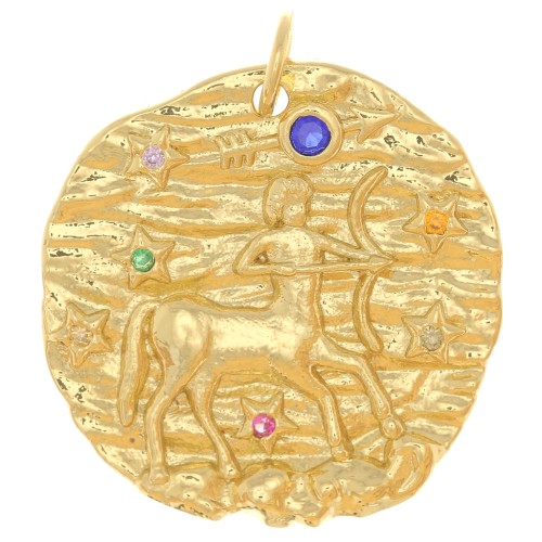 21mm round irregular Pendant with zirconium oxide - zodiac sign Sagittarius - Gold Tone x1