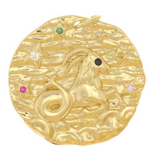 22mm Round irregular pendant with zirconium oxide - zodiac sign Capricorn - Gold Tone x1