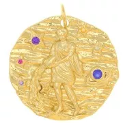 22mm Round irregular pendant with zirconium oxide - zodiac sign Aquarius - Gold Tone x1