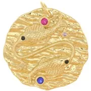 22mm Round irregular pendant with  zirconium oxide  - zodiac sign Pisces - Gold Tone x1