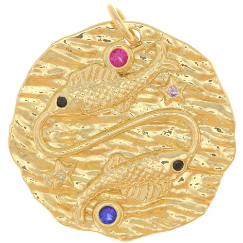 22mm Round irregular pendant with  zirconium oxide  - zodiac sign Pisces - Gold Tone x1