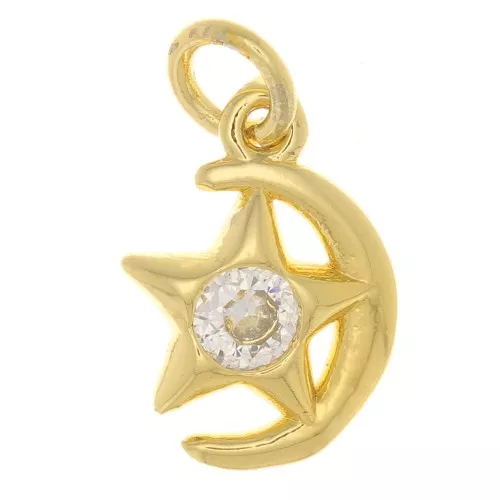 10x8mm Moon and star charm with zirconium oxide - Gold Tone - Crystal x1