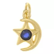 10x8mm Moon and star charm with zirconium oxide - Gold Tone - dark blue x1
