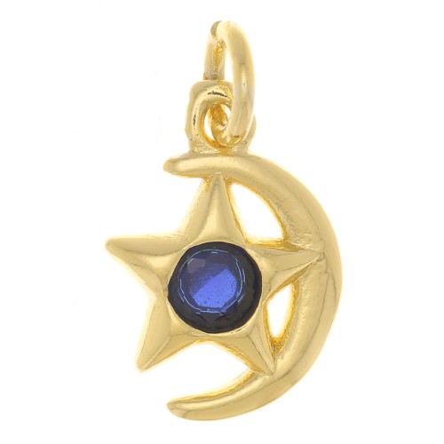 10x8mm Moon and star charm with zirconium oxide - Gold Tone - dark blue x1