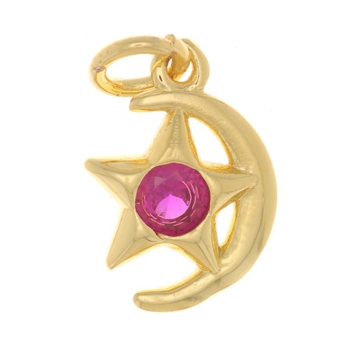 10x8mm Moon and star charm with zirconium oxide - Gold Tone - Fuchsia x1