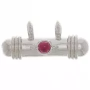 9x19.5mm Ethnic tube pendant with glass cabochon - Rhodium - Red x1