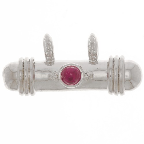 9x19.5mm Ethnic tube pendant with glass cabochon - Rhodium - Red x1