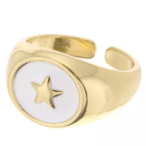 Signet ring - Star pattern with epoxy resin - Size 54 - Gold Tone - White x1