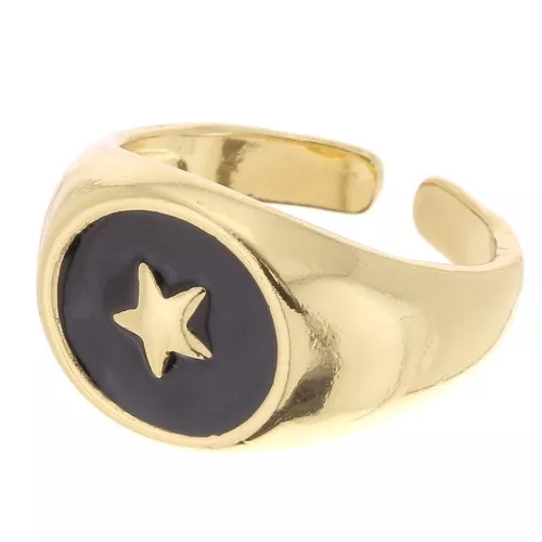 Signet ring - Star pattern with epoxy resin - Size 54 - Gold Tone - Black x1