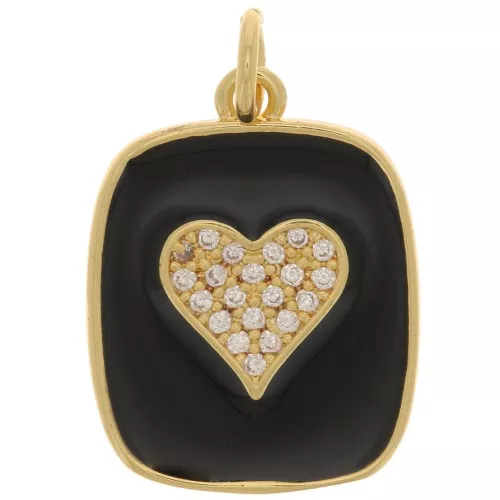 19x15mm zirconium oxide and epoxy resin rectangle heart pendant - Gold Tone - Black x1