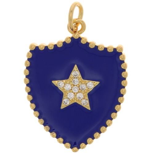 23x18mm Shield pendant with zirconium oxide & resin - Gold - Dark blue x1