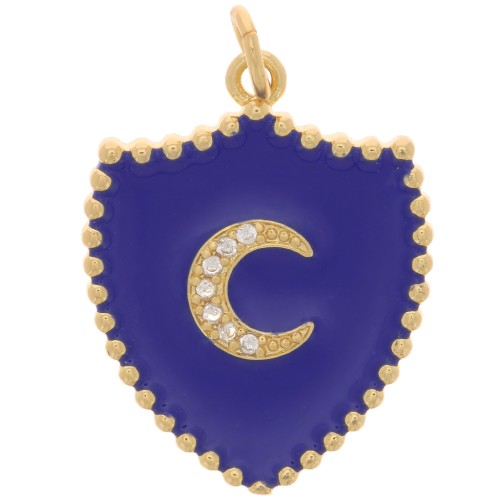 23x18mm Moon pattern shield pendant with zirconium oxide and epoxy - Gold - Dark Blue x1