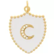23x18mm Moon pattern shield pendant with zirconium oxide and epoxy resin - Gold - White x1