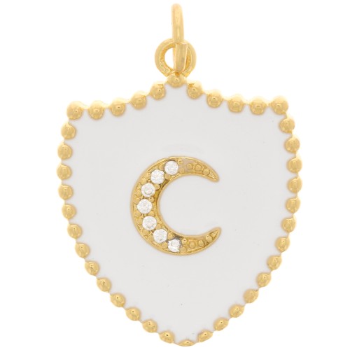 23x18mm Moon pattern shield pendant with zirconium oxide and epoxy resin - Gold - White x1