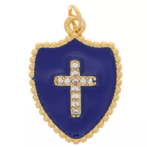 19x14mm Cross pattern shield pendant with zirconium oxide and resin - Gold - Dark blue x1