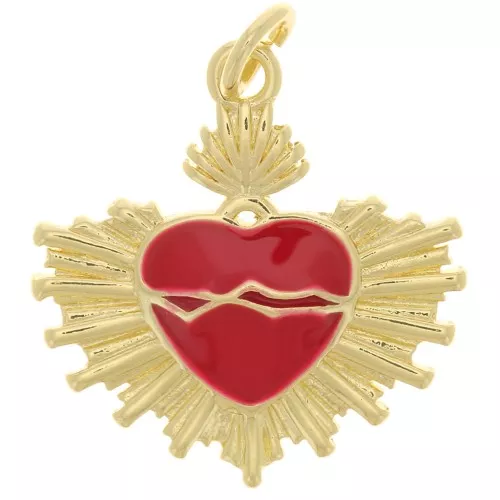 20.5x20mm Epoxy resin Ex-Voto heart pendant - Gold Tone - Red x1
