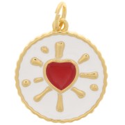 16mm Round epoxy heart pendant - Gold Tone - White - Red x1|raw }}