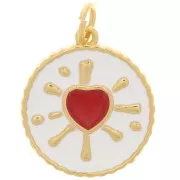 16mm Round epoxy heart pendant - Gold Tone - White - Red x1