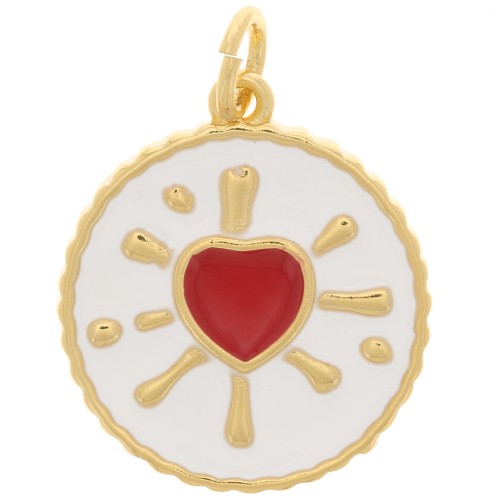 16mm Round epoxy heart pendant - Gold Tone - White - Red x1