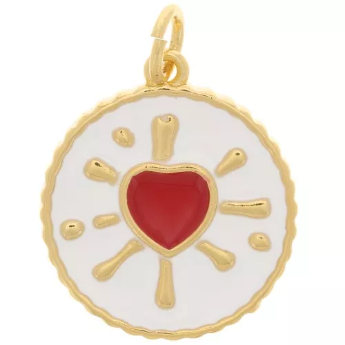16mm Round epoxy heart pendant - Gold Tone - White - Red x1