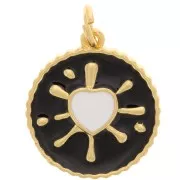 16mm Round epoxy heart pendant - Gold Tone - Black - White x1
