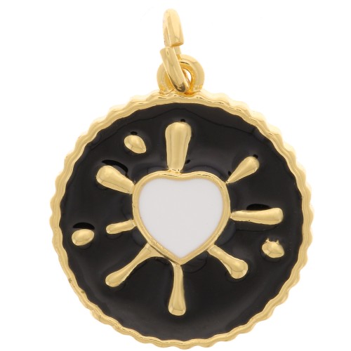 16mm Round epoxy heart pendant - Gold Tone - Black - White x1