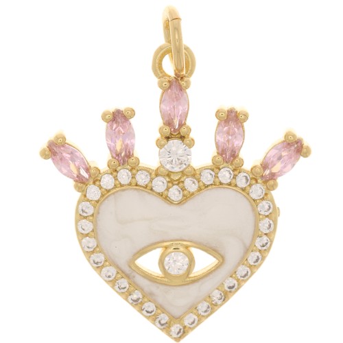 21x19mm Heart & eye pendant - epoxy resin & zirconium oxide - Gold - Nude - Pink x1