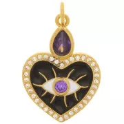 23x17mm Heart & eye pendant - epoxy resin & zirconium oxide - Gold - Black - Purple x1