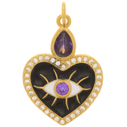 23x17mm Heart & eye pendant - epoxy resin & zirconium oxide - Gold - Black - Purple x1