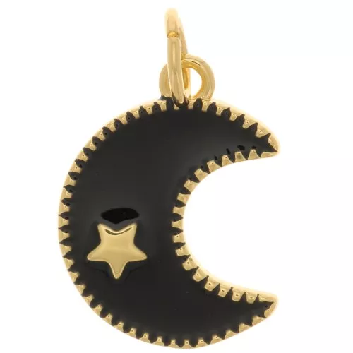 15x11mm Epoxy resin moon charm with star pattern - Gold Tone - Black x1