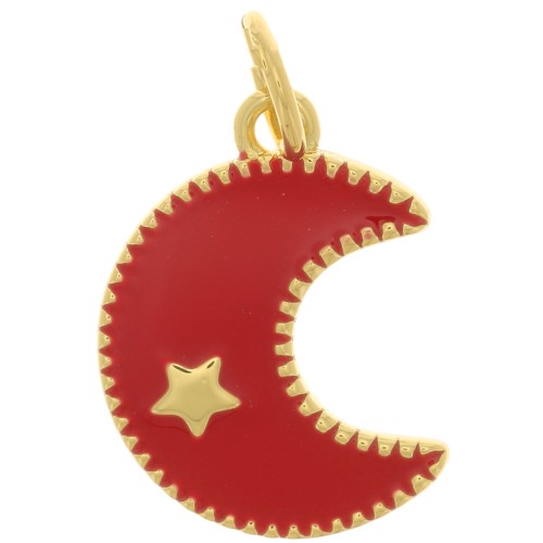 15x11mm Epoxy resin moon charm with star pattern - Gold Tone - Red x1