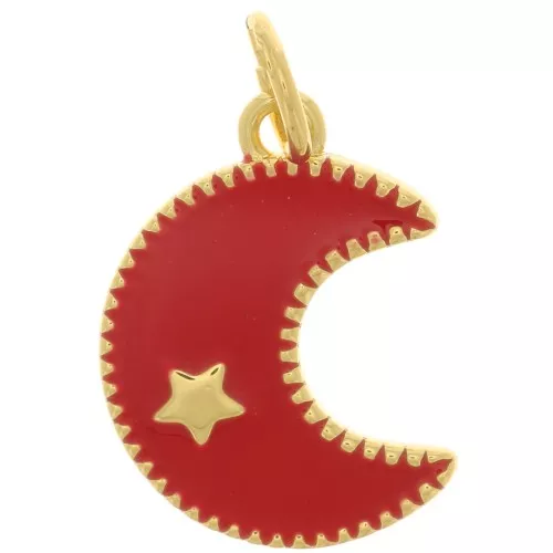 15x11mm Epoxy resin moon charm with star pattern - Gold Tone - Red x1